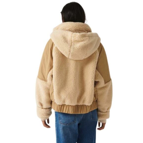 ba&sh Tan Eva Mixed Media Canvas Shearling Hooded Coat - Picture 3 of 12